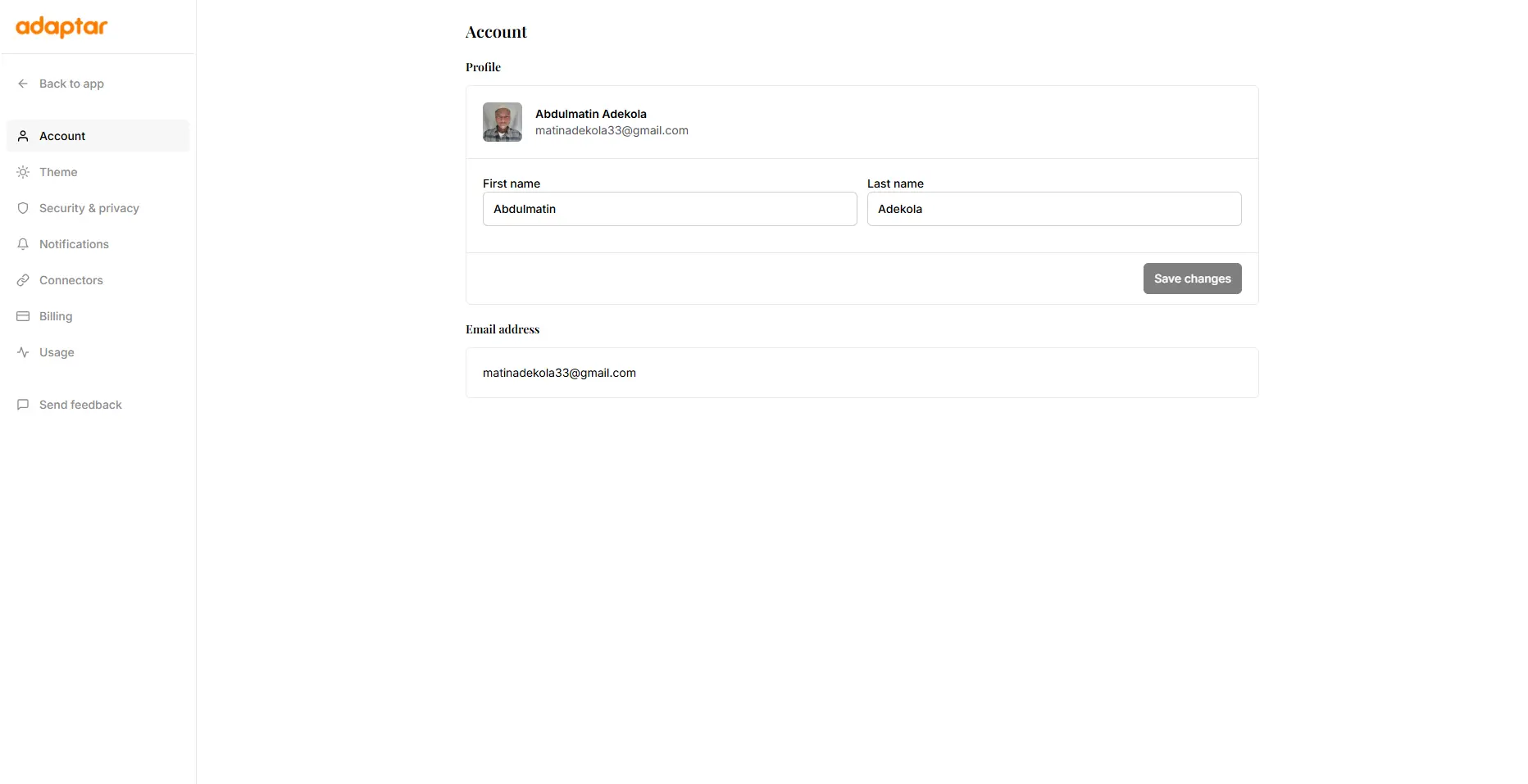 The Adaptar account settings with profile, notifications, and sessions