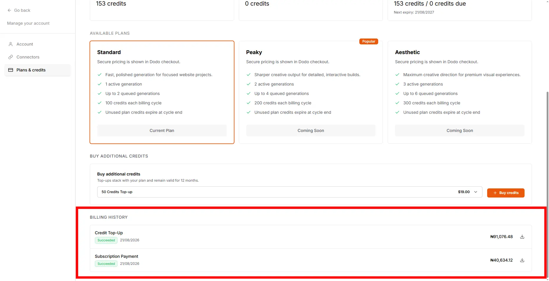 Adaptar billing history with past payments and their status
