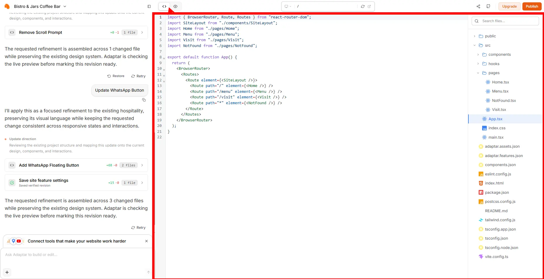 The Adaptar code view with a generated website's source files open