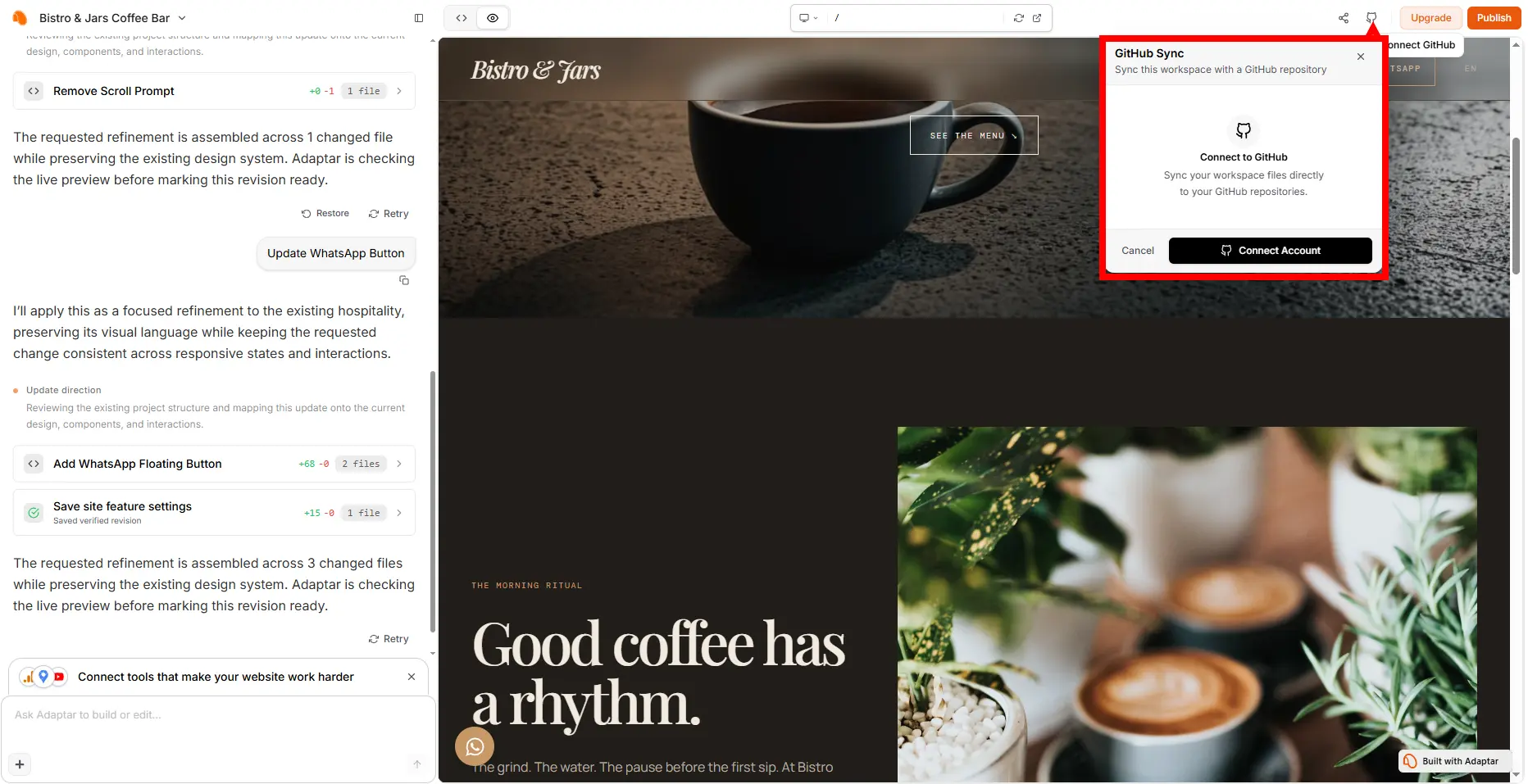 Connecting a GitHub account and choosing a repository