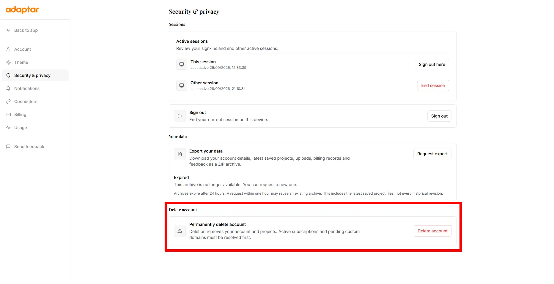 Deleting an account in the Adaptar account settings