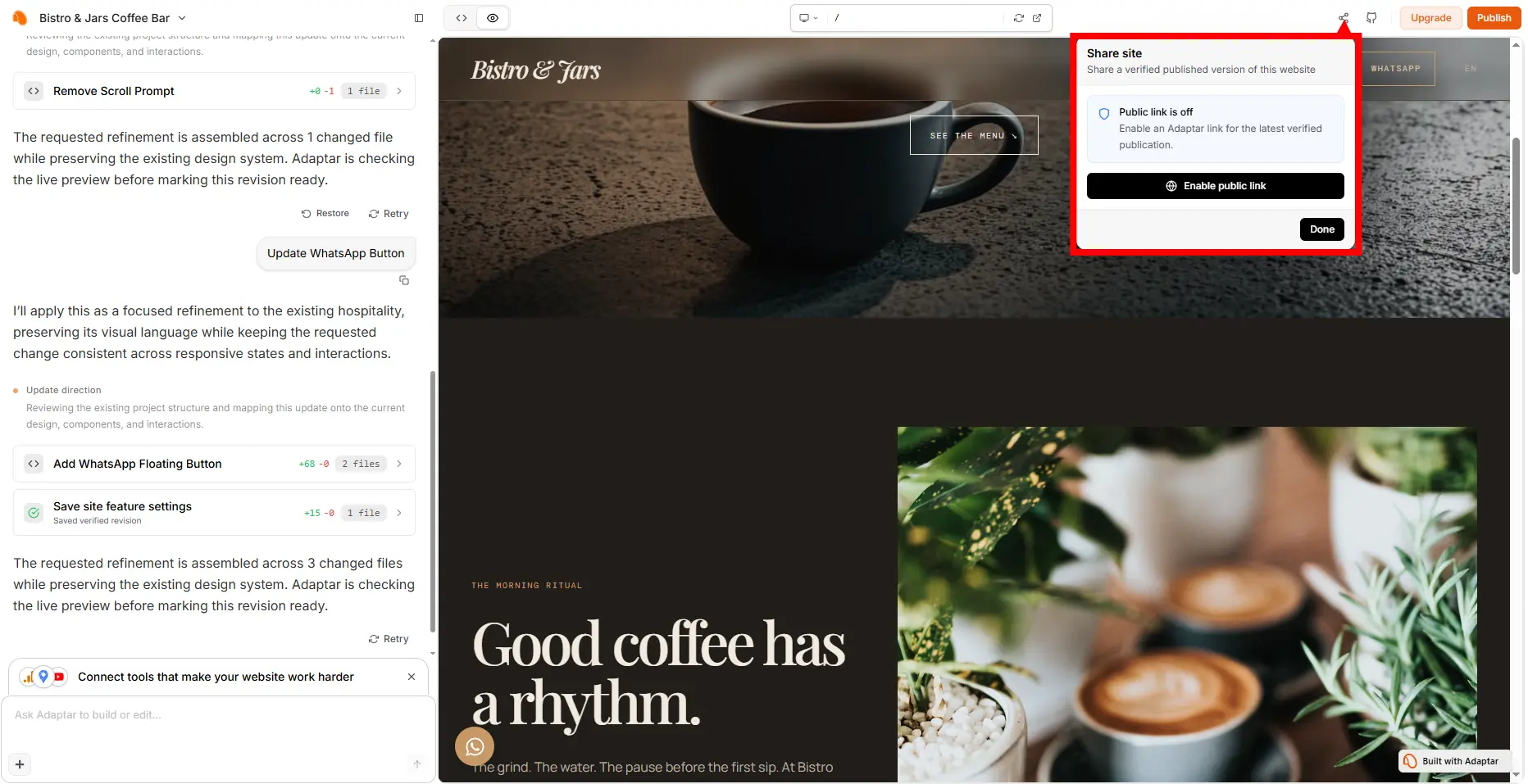 Enabling a public share link for a published Adaptar website