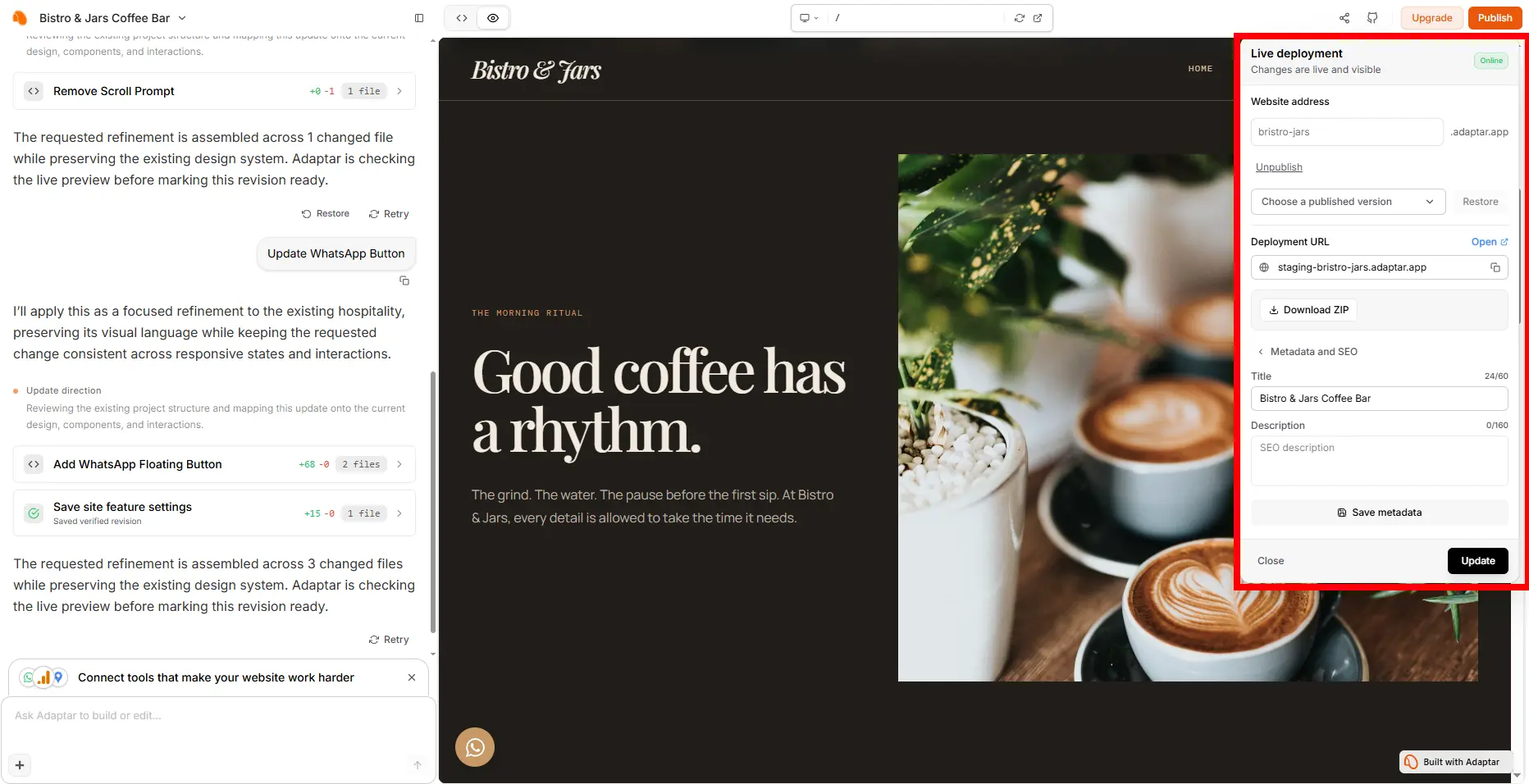 Choosing a website address and publishing a verified revision in Adaptar