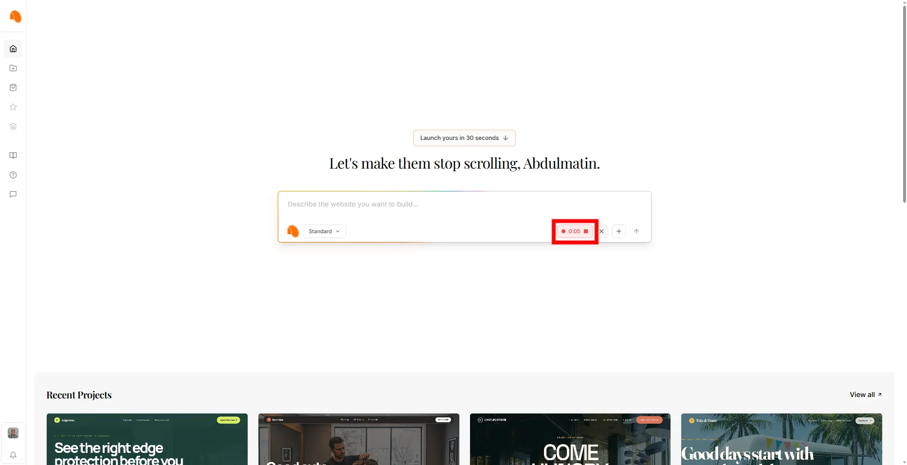 Recording a website description with Adaptar's voice input