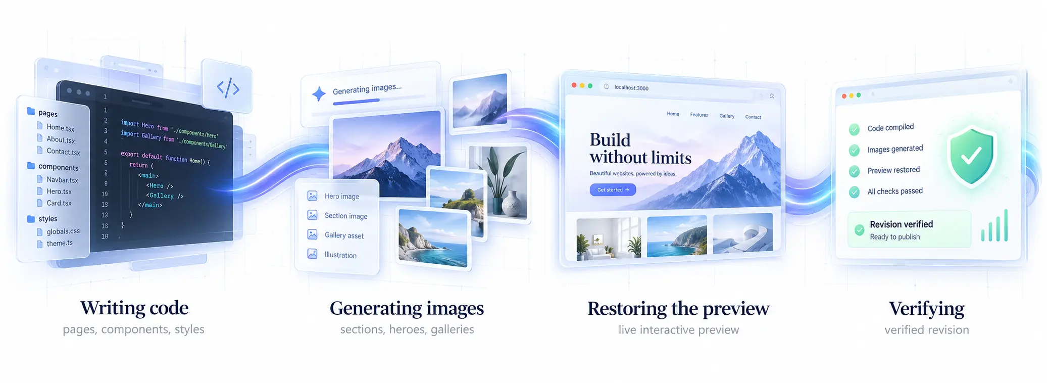 Adaptar's generation stages: writing code, generating images, restoring the preview, and verifying