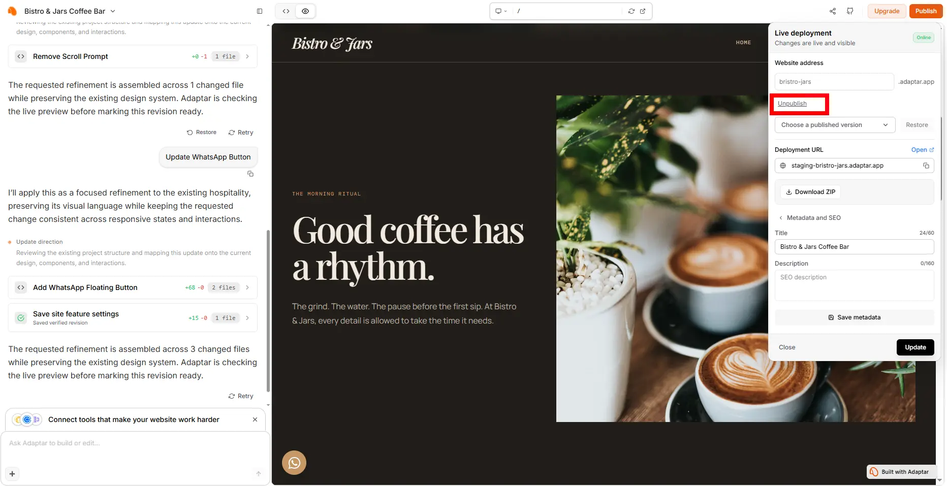 Unpublishing a website from the Publish panel