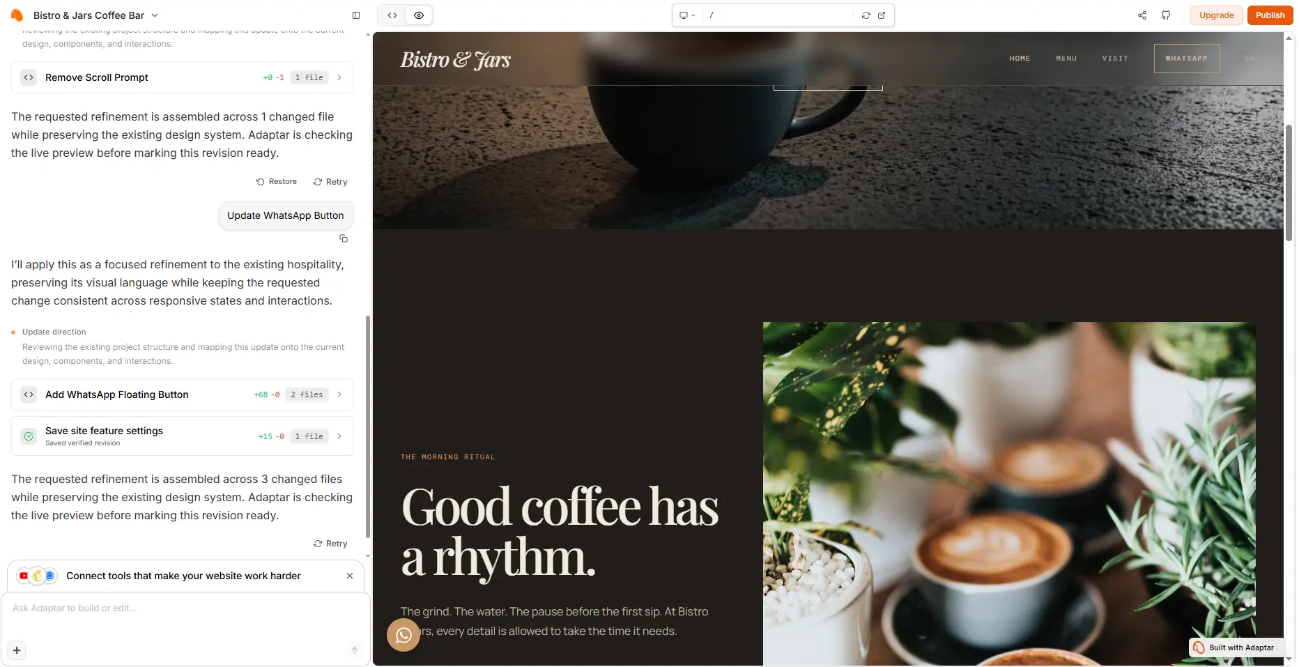 Adaptar workspace: chat, live preview, code view, and the publish panel